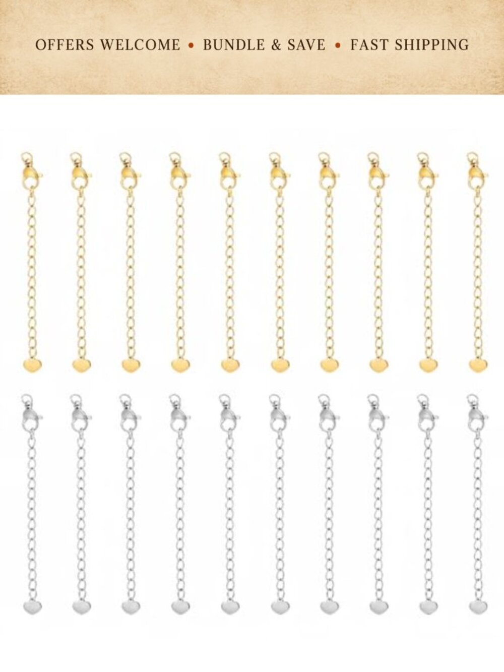 20pc Stainless Steel Necklace Extender Chain Set with Lobster Clasp Heart Charm